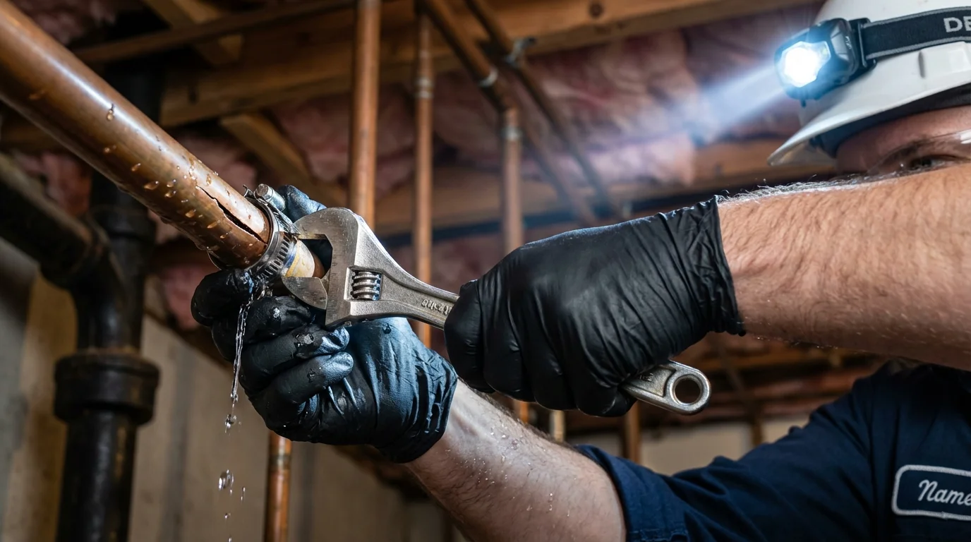 Emergency pipe clamp repair being performed by a Johns Plumbing LLC plumber in Red Hill