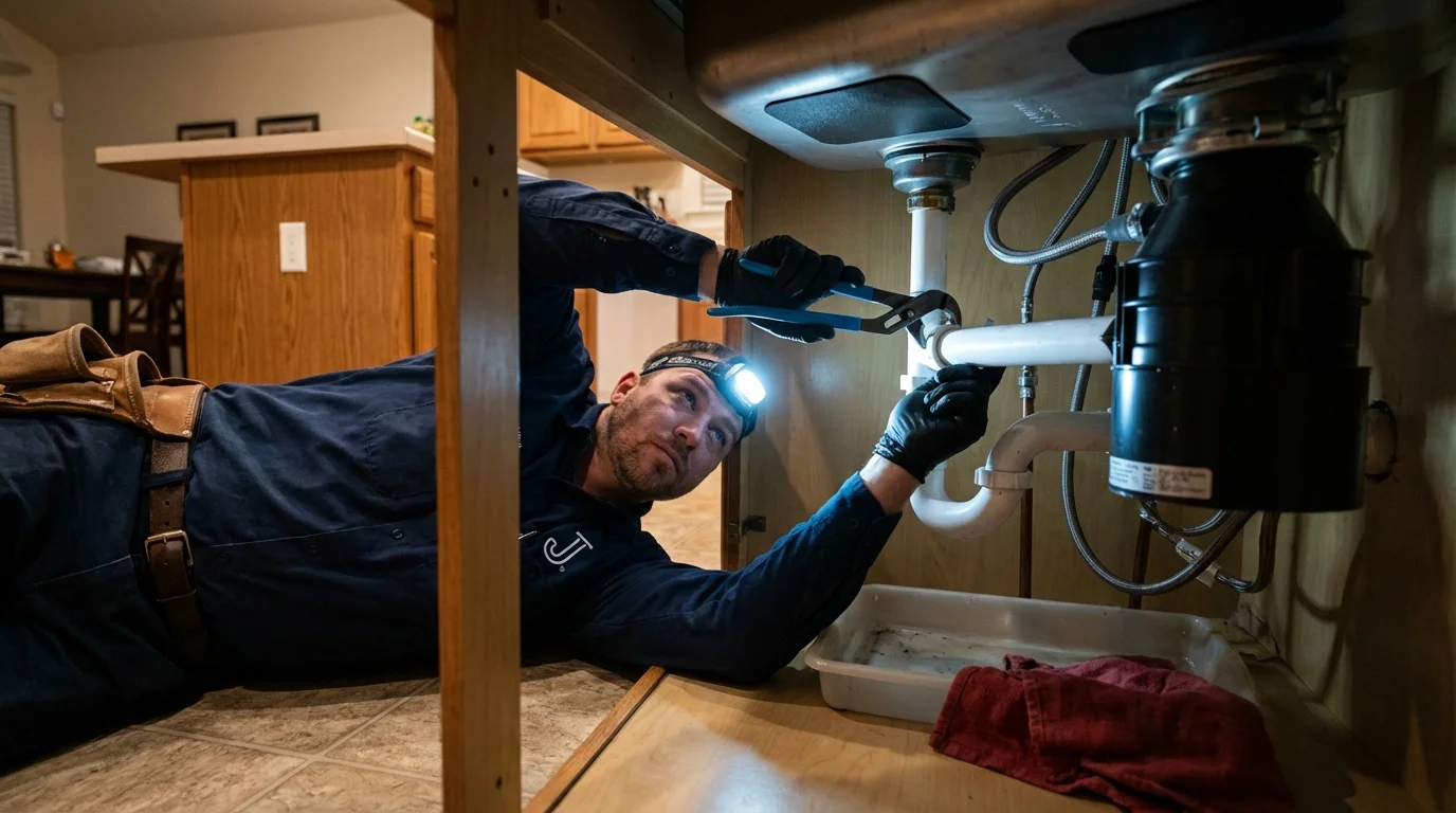 P-trap and supply line connections under a kitchen sink showing a common leak point in Red Hill, PA